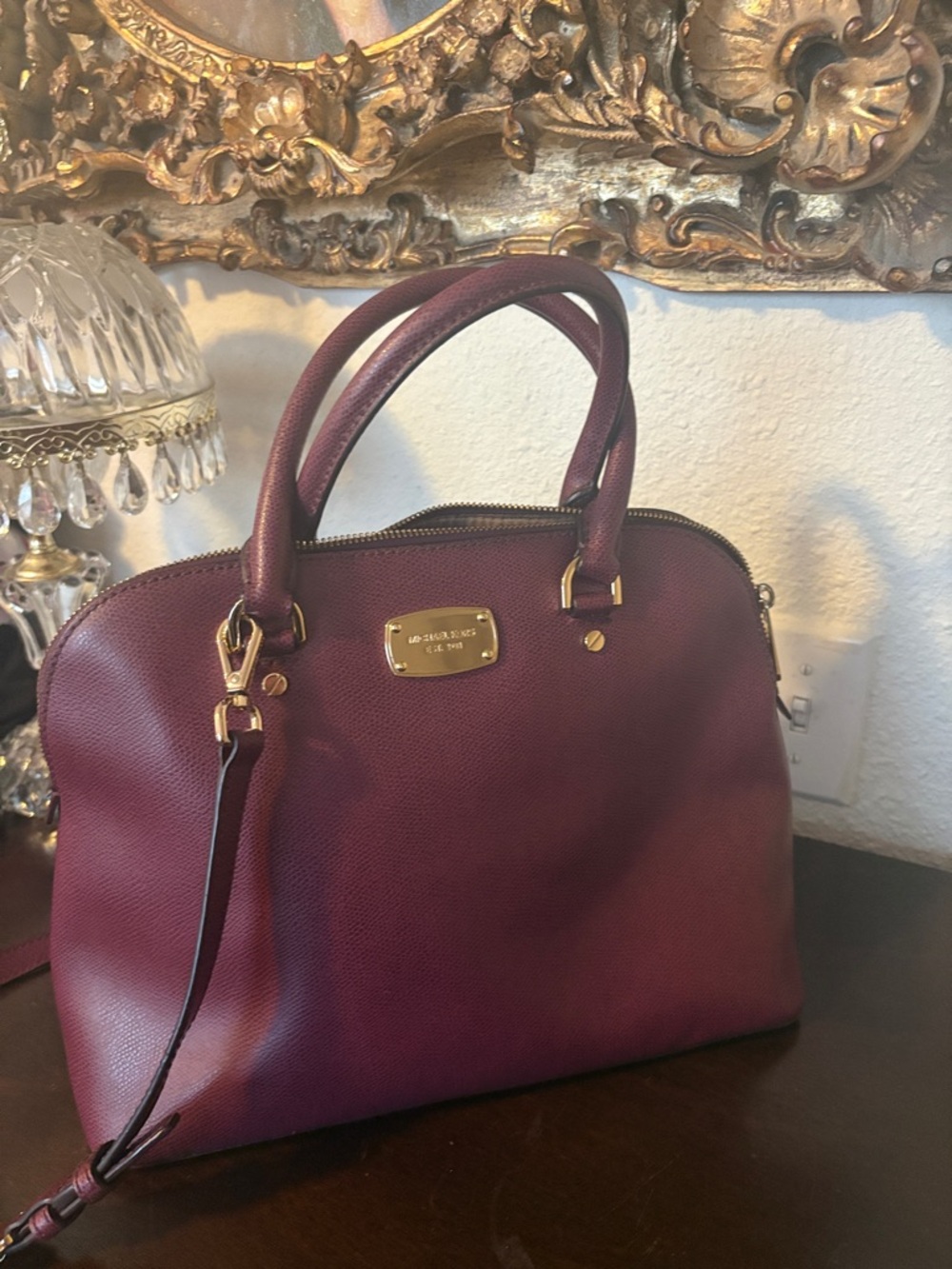 Michael Kors Cindy large dome plum Saffiano Leather Satchel with Gold Hardware